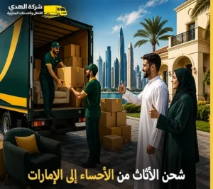نقل العفش الدولي والفك والتغليف والتخزين والتركيب من الأحساء إلى الإمارات 0539600777 مع شركة الهدى للنقل والخدمات المنزلية أرخص شركة نقل أثاث بري 24 ساعة من الأحساء إلى الإمارات 0539600777