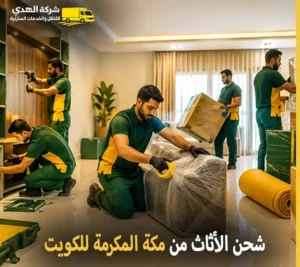 شحن اثاث دولي وفك وتركيب وتغليف وتخزين من مكة المكرمة إلى الكويت 0539600777 مع شركة الهدى للنقل والخدمات المنزلية أرخص شركة نقل أثاث بري 24 ساعة من مكة المكرمة إلى الكويت 0539600777